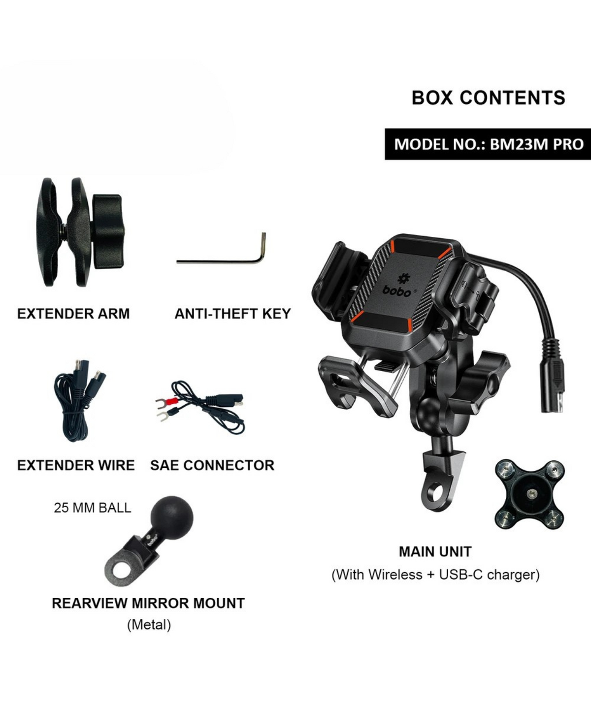 BOBO BM23M Pro Mirror Mount Anti-Vibration and Anti-Theft with 15W Wireless / 36W USB-C Charger - BOBO