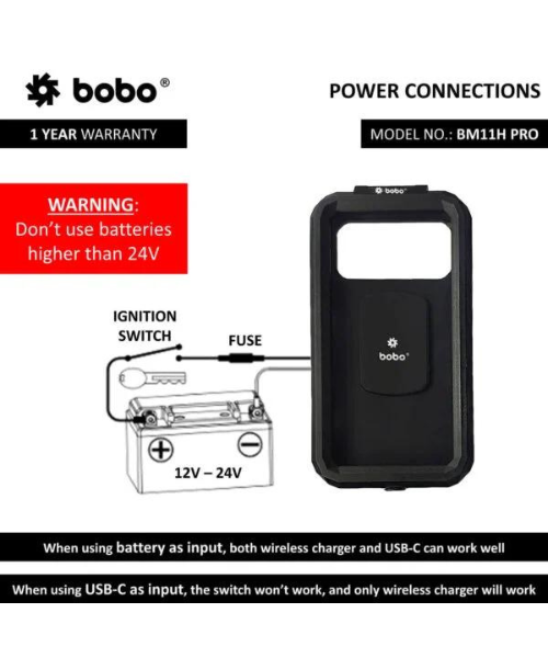 BOBO Fully Waterproof Bike Phone Holder with Vibration Controller (with Fast 15W Wireless Charger and USB-C