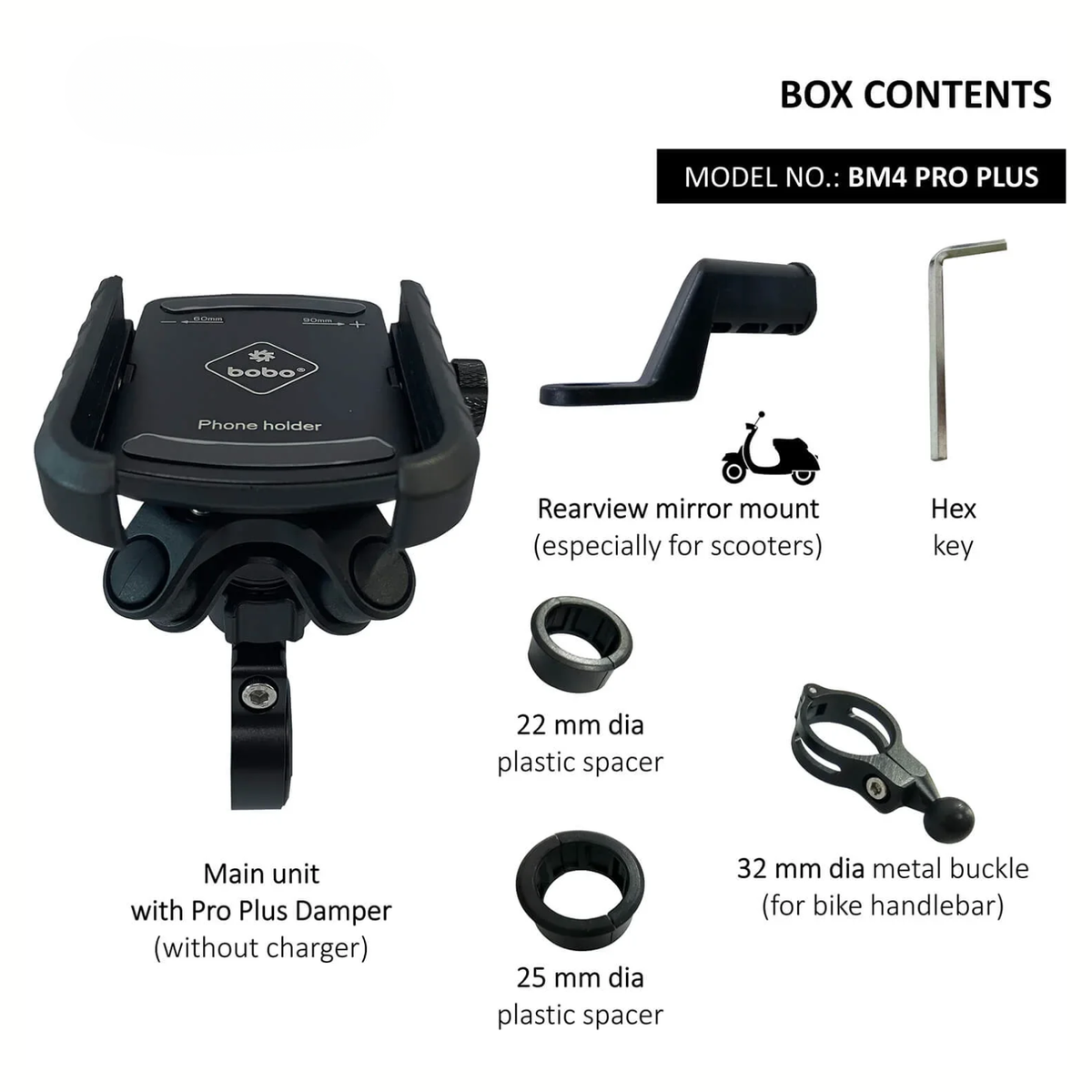 BOBO BM4 PRO PLUS Jaw-Grip Bike Phone Holder with PRO PLUS Vibration Damper Motorcycle Mobile Mount - Black - BOBO