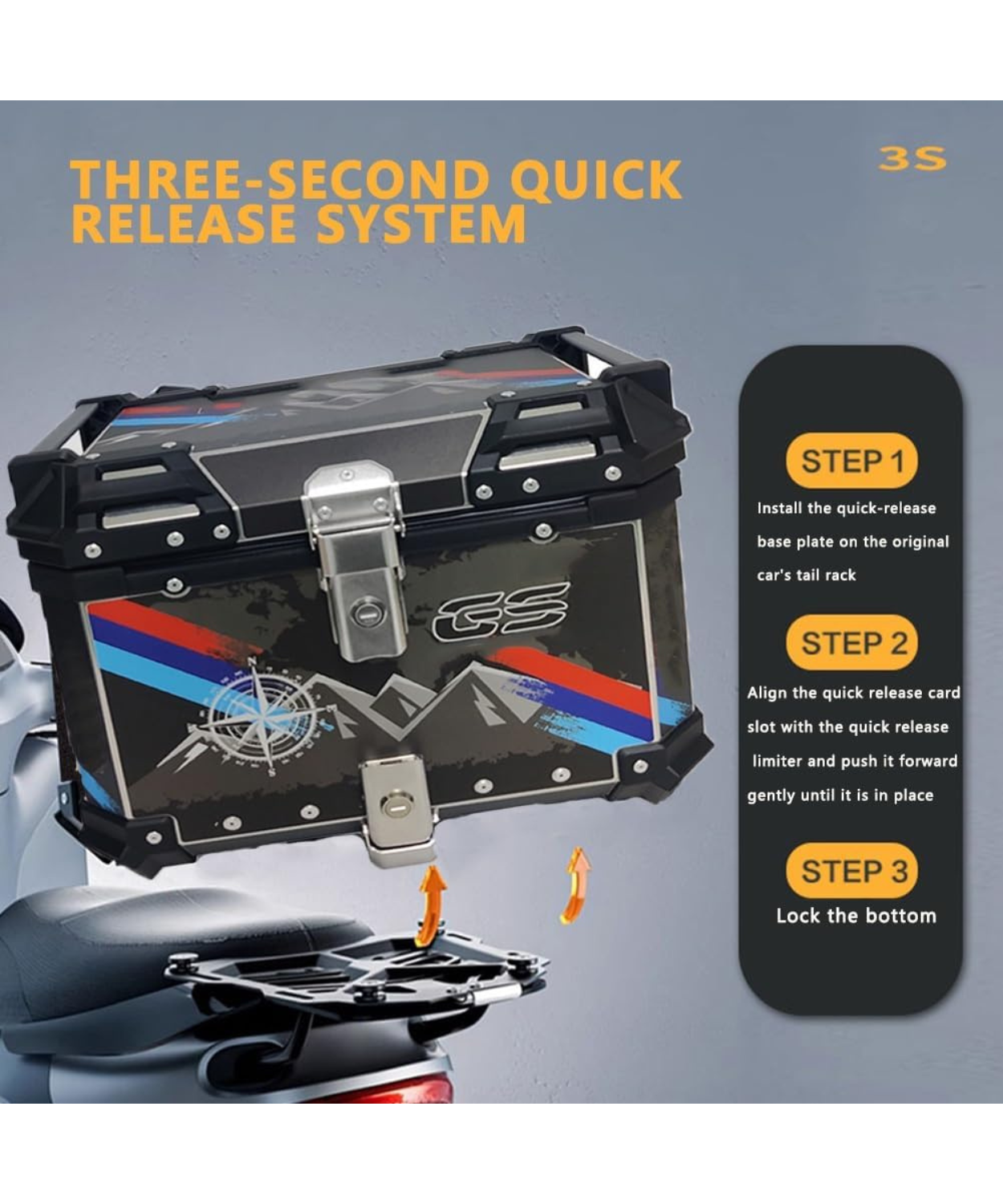 Moto Arch Aluminium Top Box 45L with Backrest - Black GS Graphics