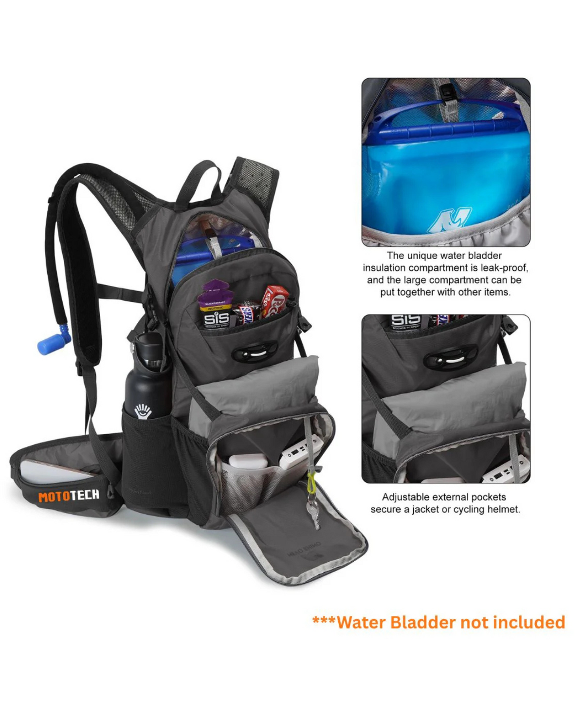 Mototech Stealth Pro Hydration Backpack - 15L + 2L Hydration Bladder Combo - Charcoal Grey - Mototech