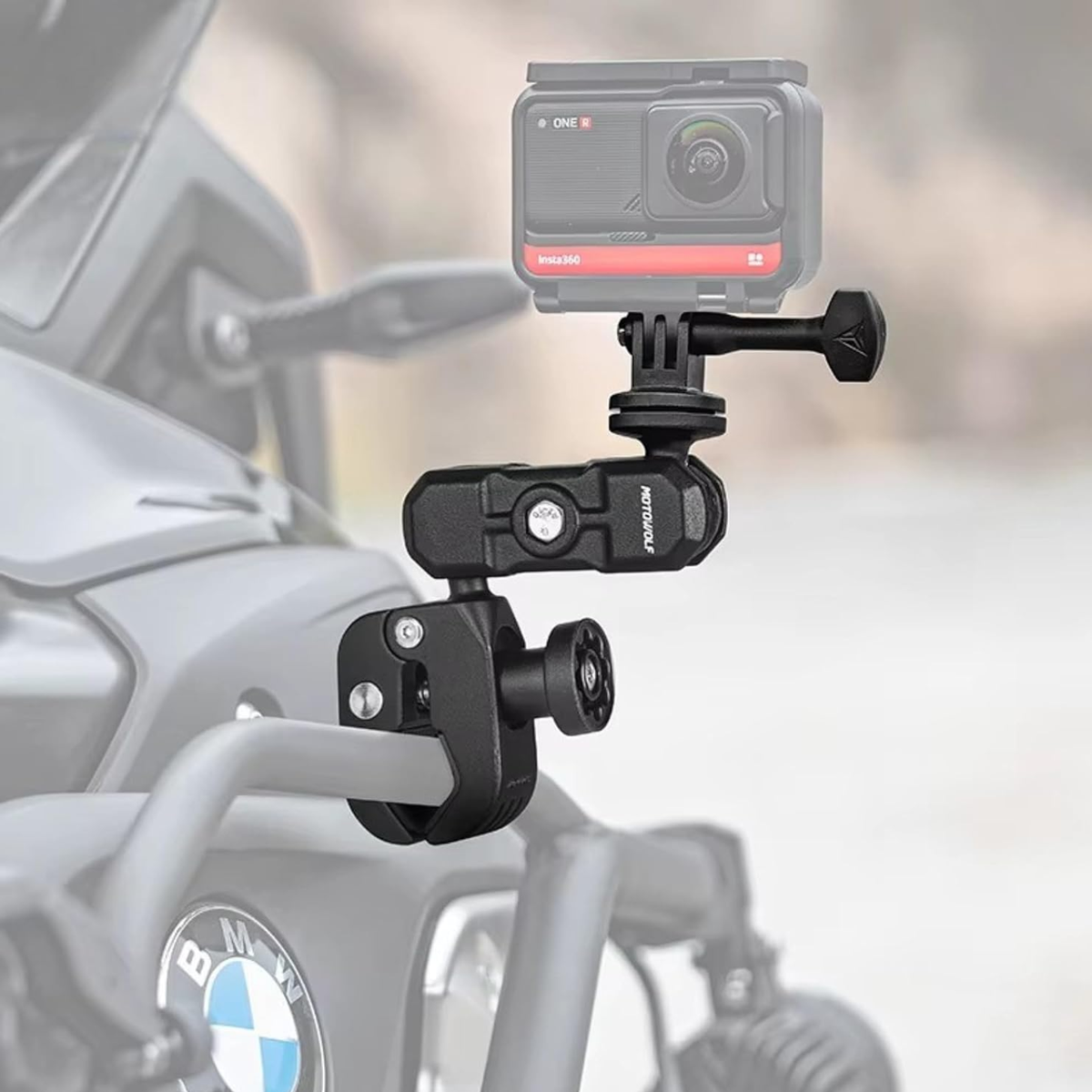 Motowolf Action Camera Power Clamp Mount with 360° Dual Ball Head and Anti-Theft Knob