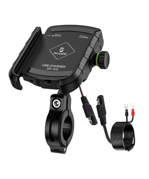 Yellowfin Jaw Grip Bike Mobile Phone Holder with Fast USB QC 3.0 Charger & SAE Pin - M8C Black