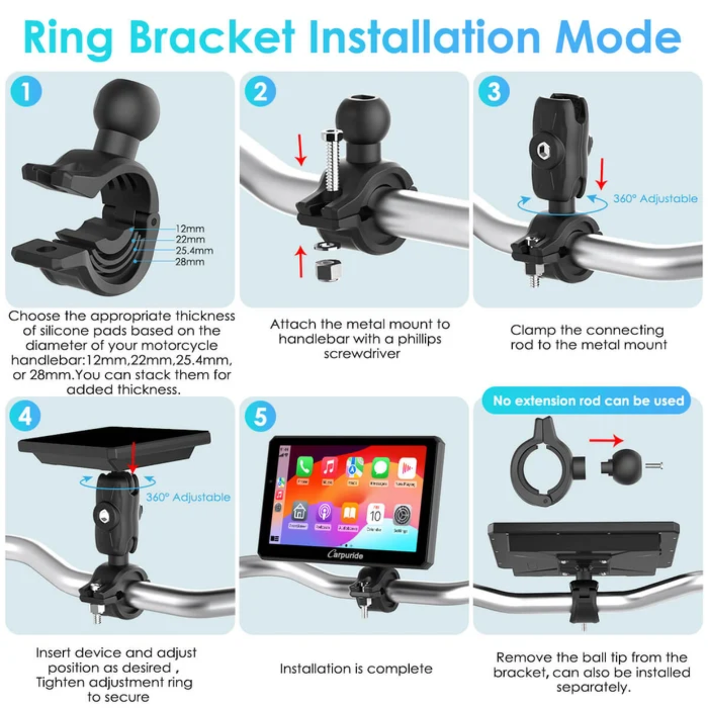 Carpuride W712D Rotatable Motorcycle Stereo with GPS Navigation and Dash Cam