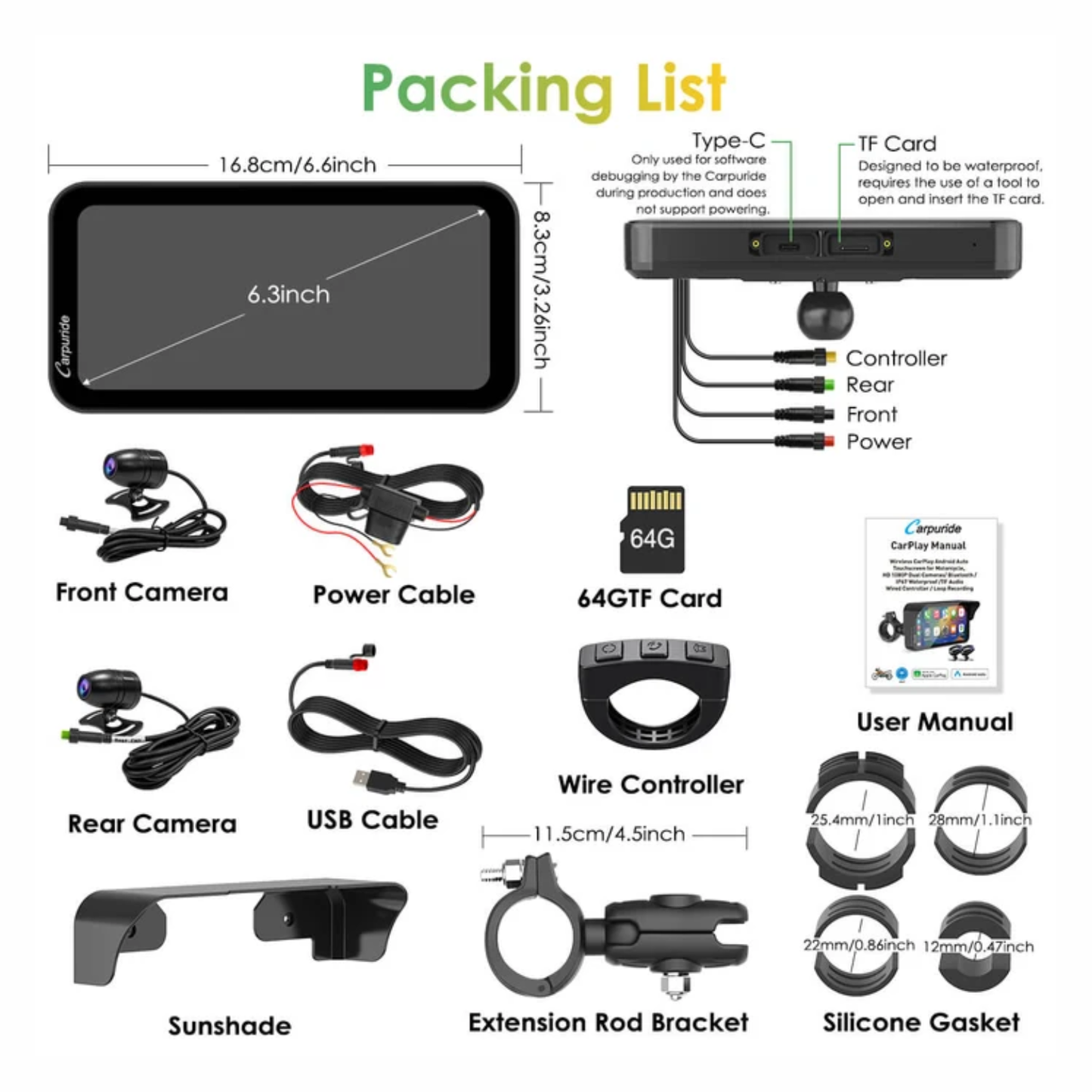 Carpuride W603D Wireless Motorcycle Stereo with HD Dual Cameras