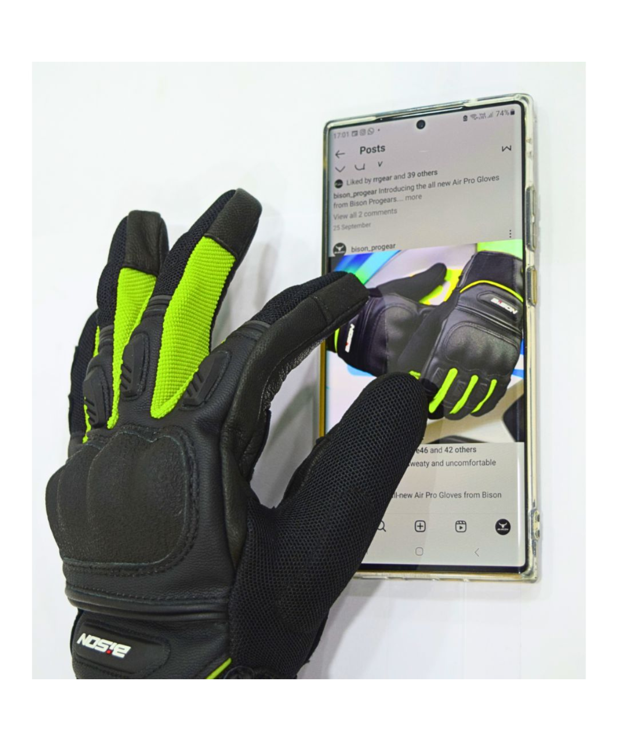 Bison ProGear Air Pro Riding Gloves - Black Hi-Viz Green
