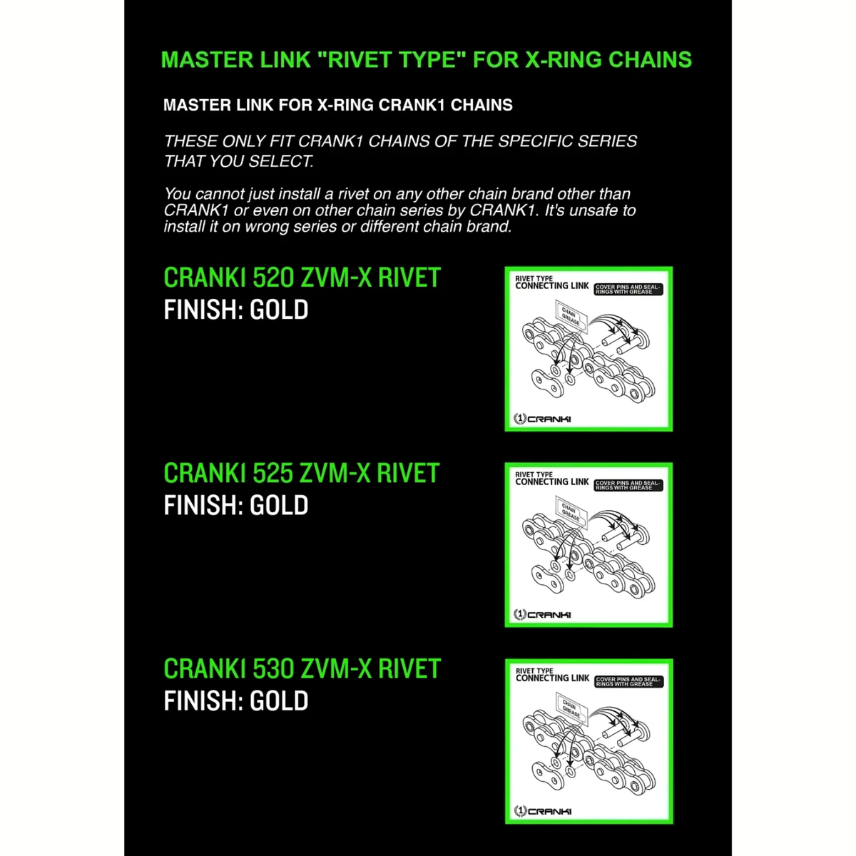 Crank1 Chain Master Link For X-RING - 520 ZVM-X RIVET-CRANK1- Gold