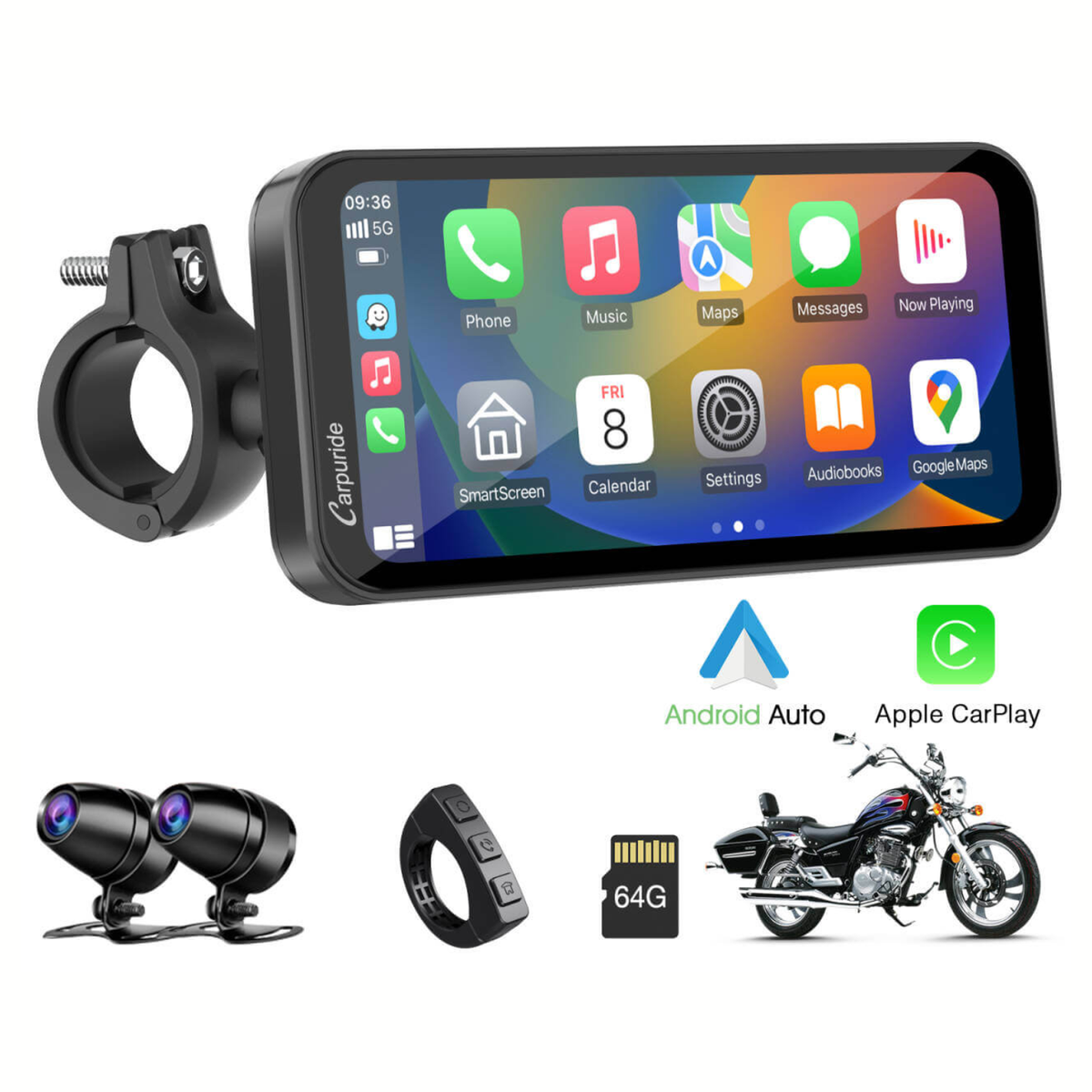 Carpuride W603D Wireless Motorcycle Stereo with HD Dual Cameras and TPMS
