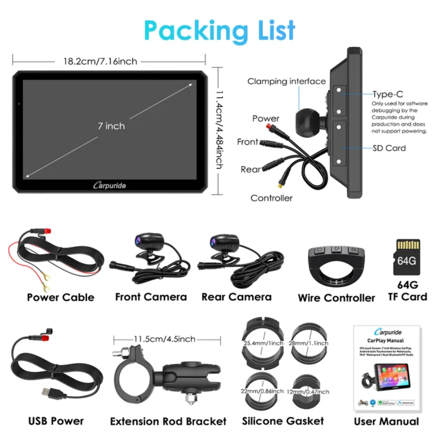Carpuride W712D Rotatable Motorcycle Stereo with GPS Navigation and Dash Cam