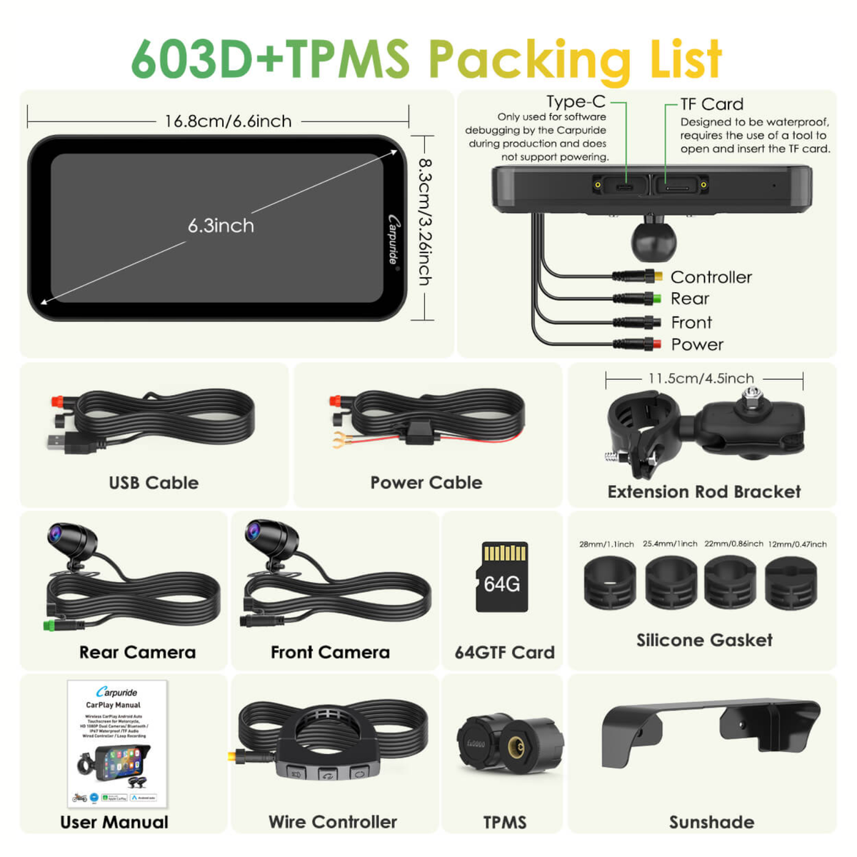 Carpuride W603D Wireless Motorcycle Stereo with HD Dual Cameras and TPMS