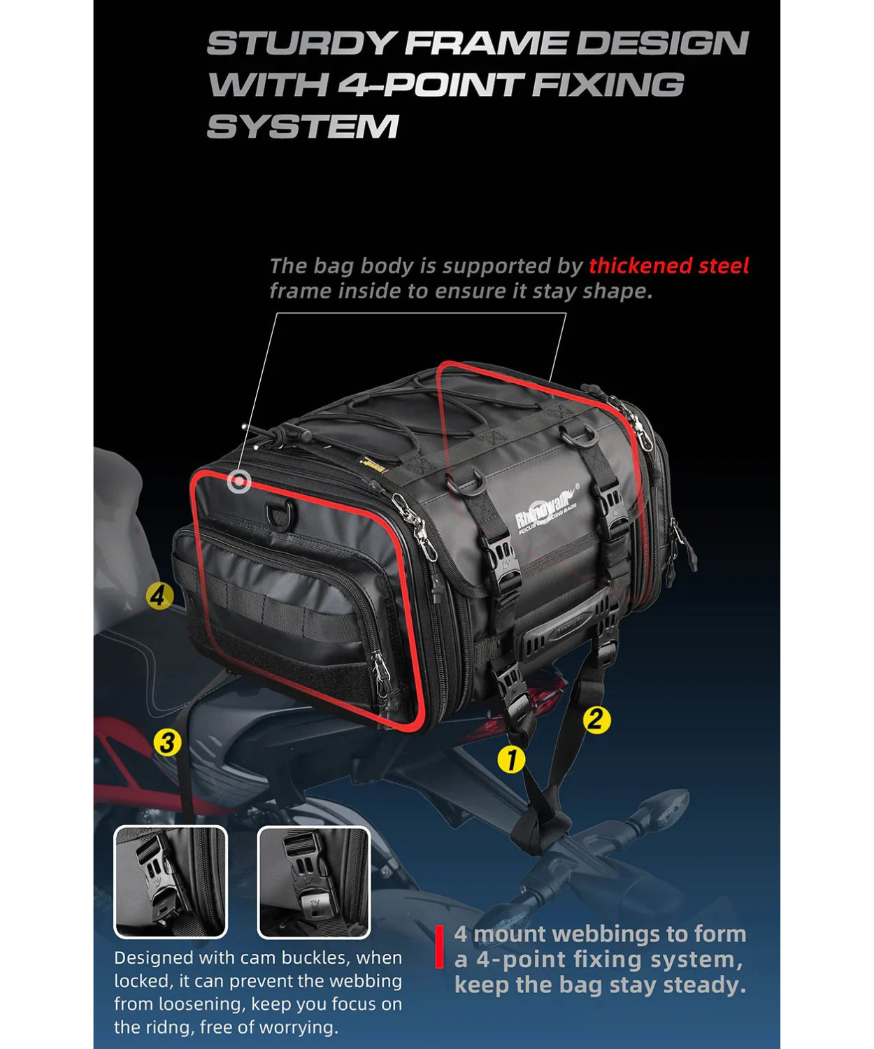 Rhinowalk Deluxe Cruiser Tail Bag 26L - Black - MT4026