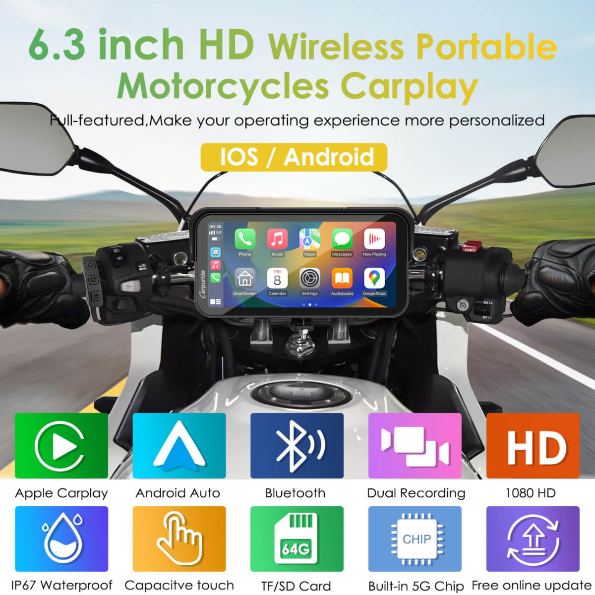 Carpuride W603D Wireless Motorcycle Stereo with HD Dual Cameras and TPMS