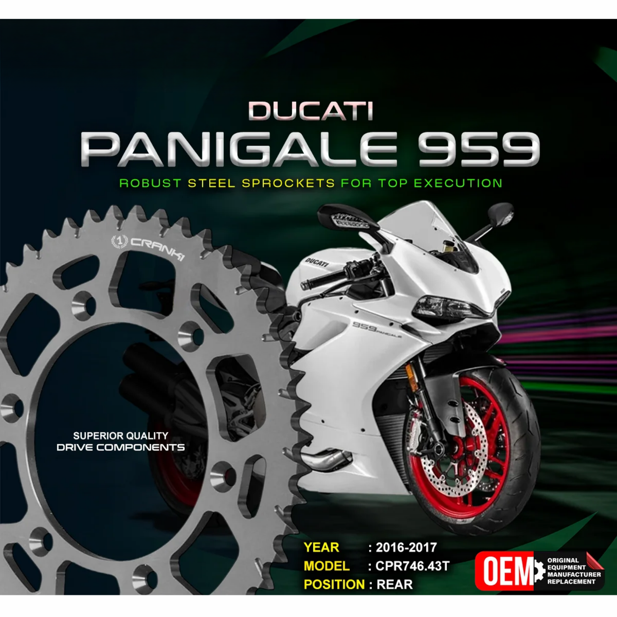 Crank1 Ducati Panigale 959 (2016-2017) Performance Motorcycle Sprocket - Black - CPR746.43T