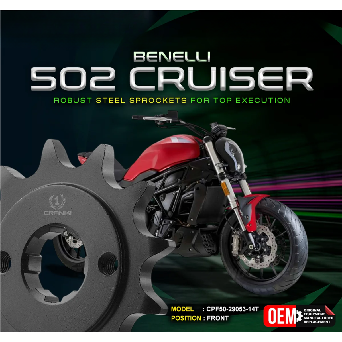 Crank1 Benelli 502C Cruiser Performance Motorcycle Sprocket - Chrome - CPF50-29053-14T