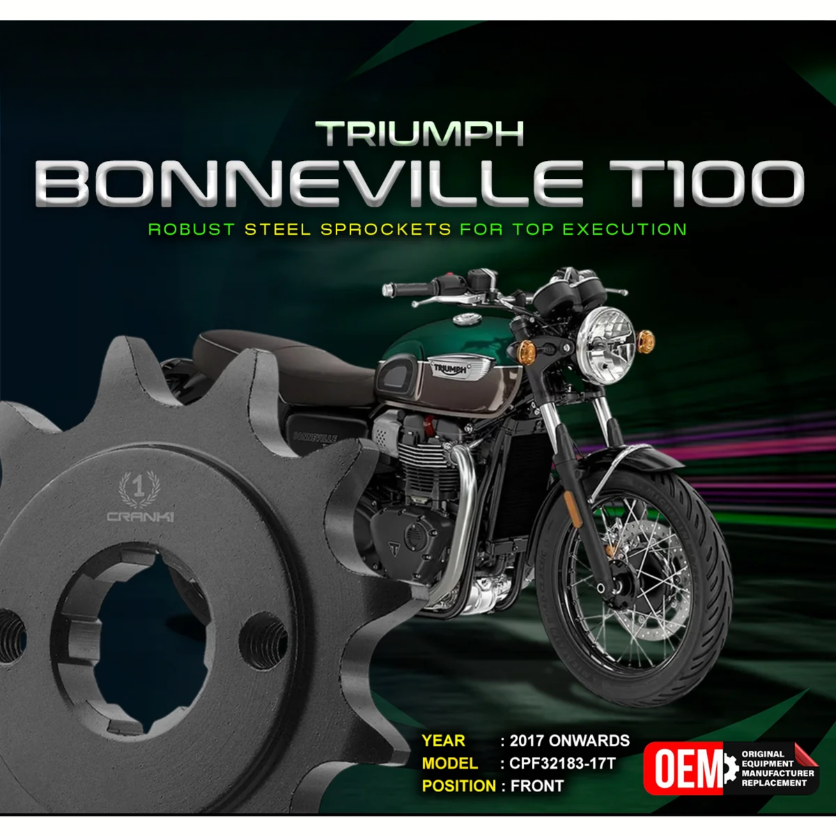 Crank1 Triumph Bonneville T100 (2017 Onwards) Performance Motorcycle Sprocket - Black - CPF32183-17T