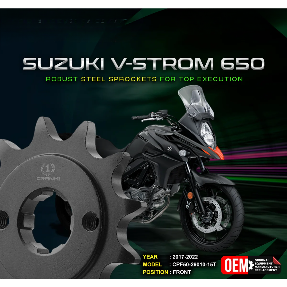 Crank1 Suzuki V-Strom 650 (2017-2022) Performance Motorcycle Sprocket - Chrome - CPF50-29010-15T