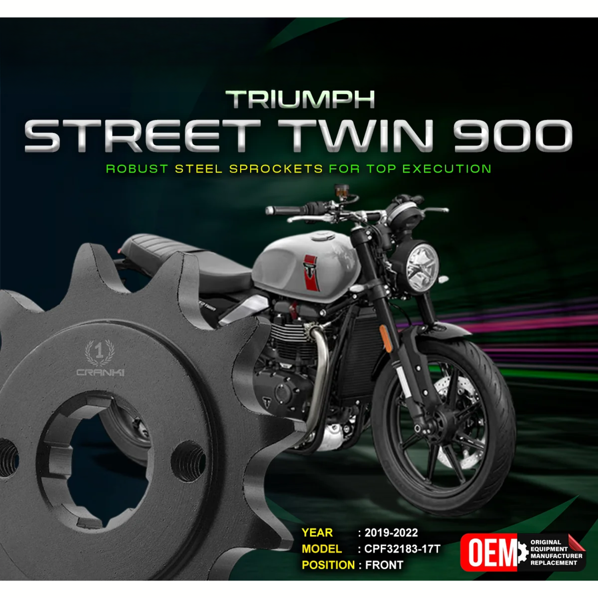 Crank1 Triumph Street Twin 900 (2019-2022) Performance Motorcycle Sprocket - Black - CPF32183-17T