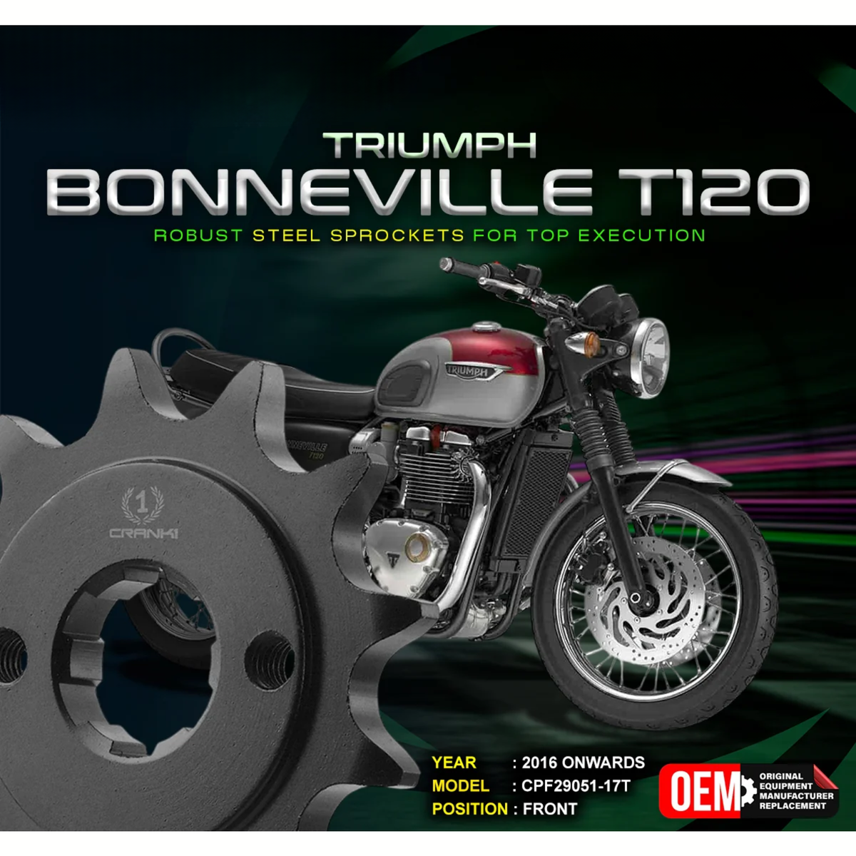 Crank1 Triumph Bonneville T120 (2016 Onwards) Performance Motorcycle Sprocket - Black - CPF29051-17T