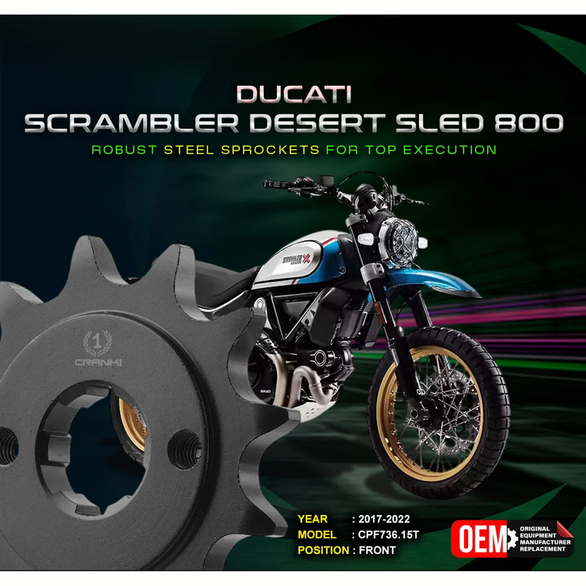 Crank1 Ducati Scrambler Classic 800 (2015-2018) Performance Motorcycle Sprocket - Chrome - CPF736.15T - Crank 1