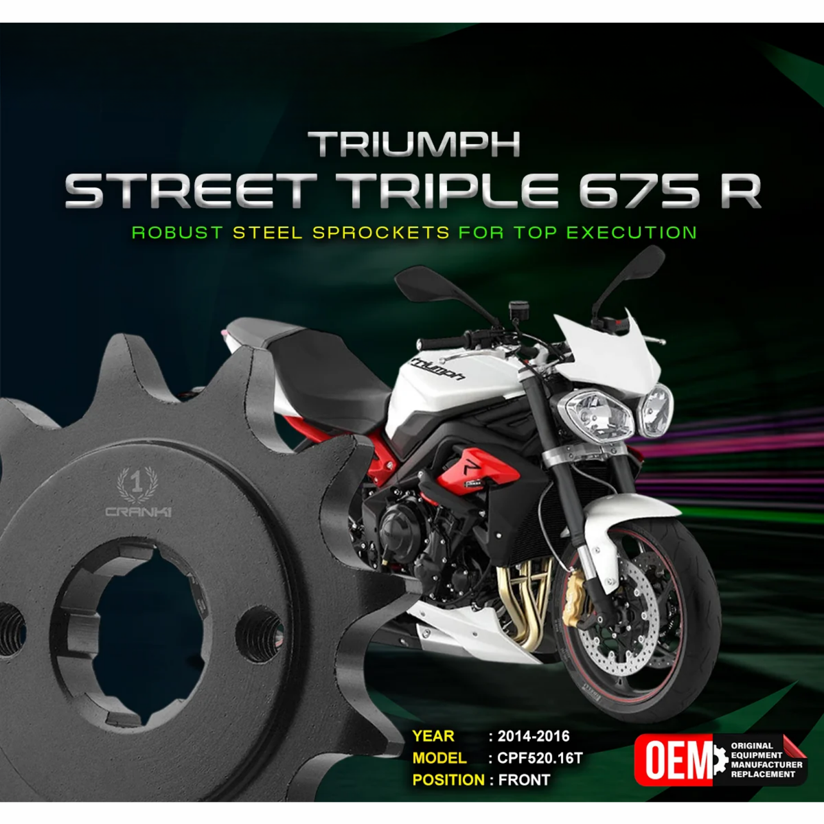 Crank1 Triumph Street Triple 675 R (2014-2016) Performance Motorcycle Sprocket - Black - CPF520.16T - Crank 1