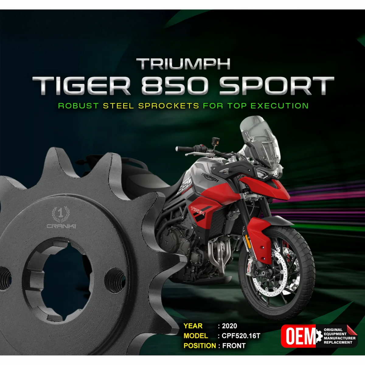 Crank1 Triumph Tiger 850 Sport (2020) Performance Motorcycle Sprocket - Black - CPF520.16T - Crank 1