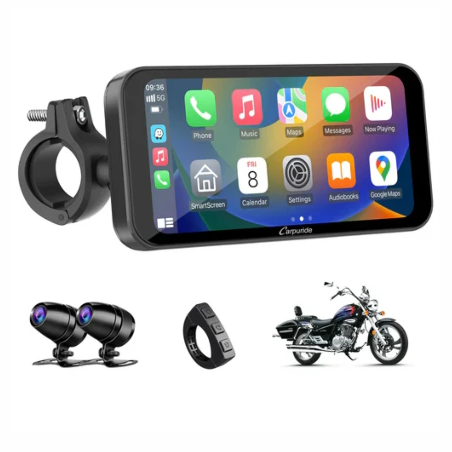 Carpuride W603D Wireless Motorcycle Stereo with HD Dual Cameras