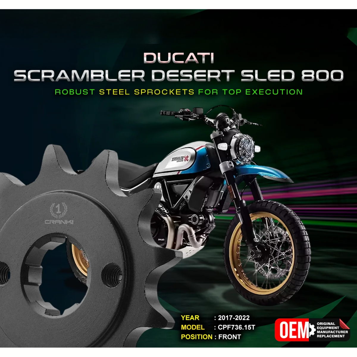 Crank1 Ducati Scrambler Desert Sled 800 (2017-2022) Performance Motorcycle Sprocket - Chrome - CPF736.15T - Crank 1