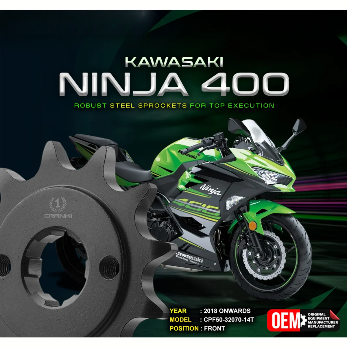 Crank1 Kawasaki Ninja 400 (2018 Onwards) Performance Motorcycle Sprocket - Black - CPF50-32070-14T