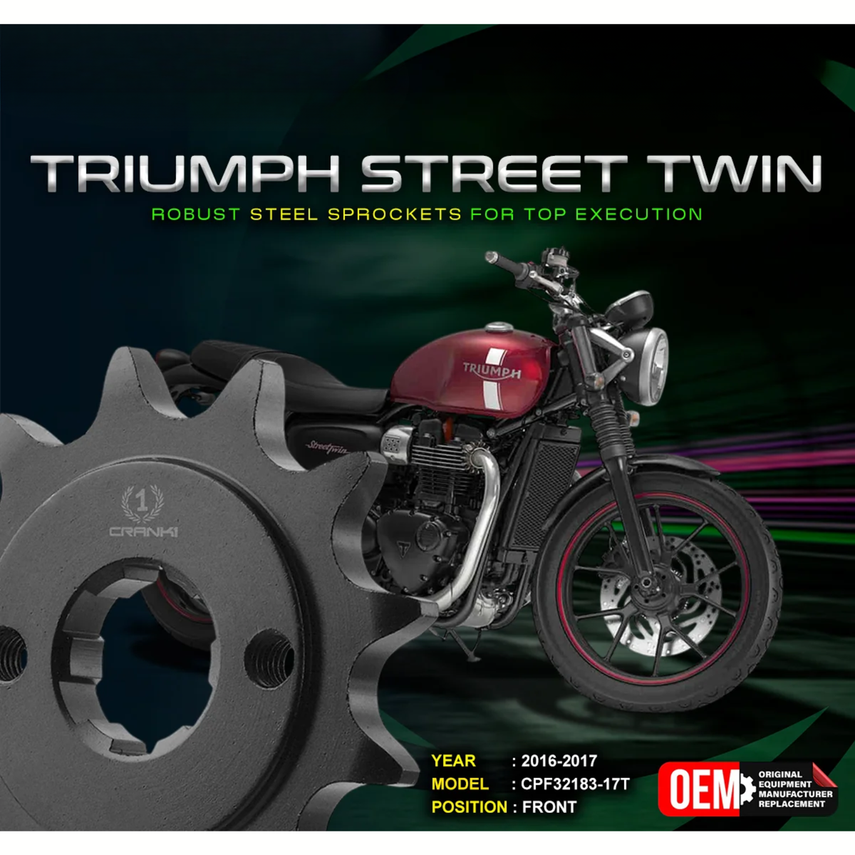 Crank1 Triumph Street Twin (2016-2017) Performance Motorcycle Sprocket - Black - CPF32183-17T