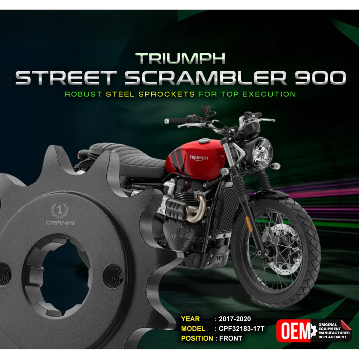 Crank1 Triumph Street Scrambler 900 (2017-2020) Performance Motorcycle Sprocket - Black - CPF32183-17T