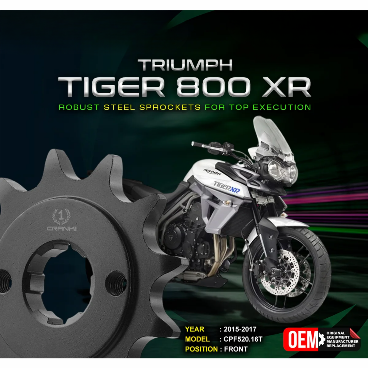 Crank1 Triumph Tiger 800 XR (2015-2017) Performance Motorcycle Sprocket - Black - CPF520.16T - Crank 1