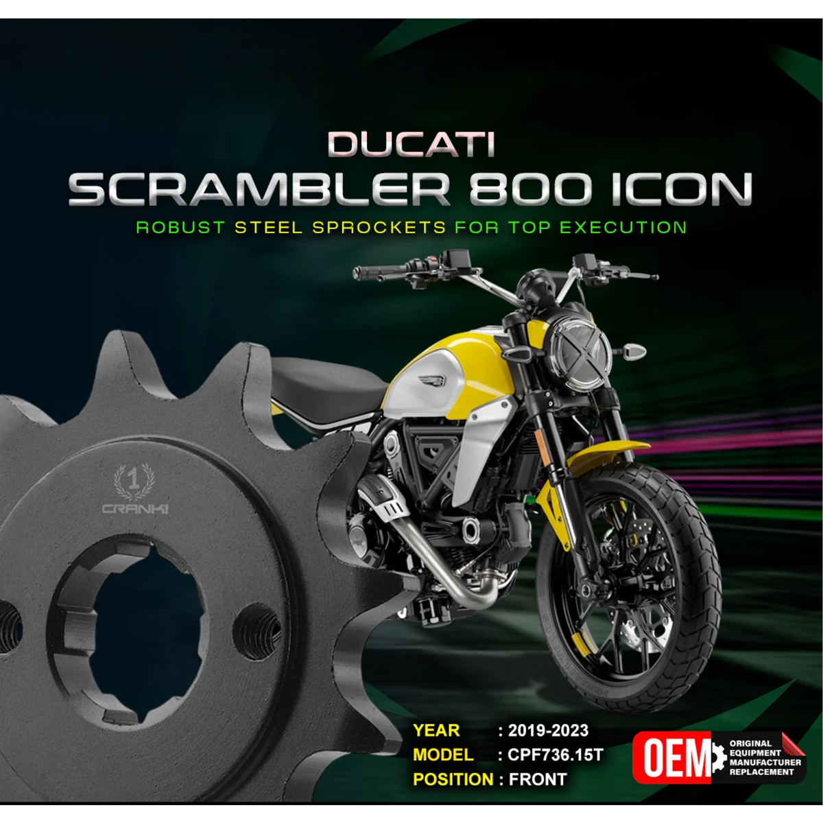 Crank1 Ducati Scrambler 800 Icon (2019-2023) Performance Motorcycle Sprocket - Black - CPF736.15T - Crank 1