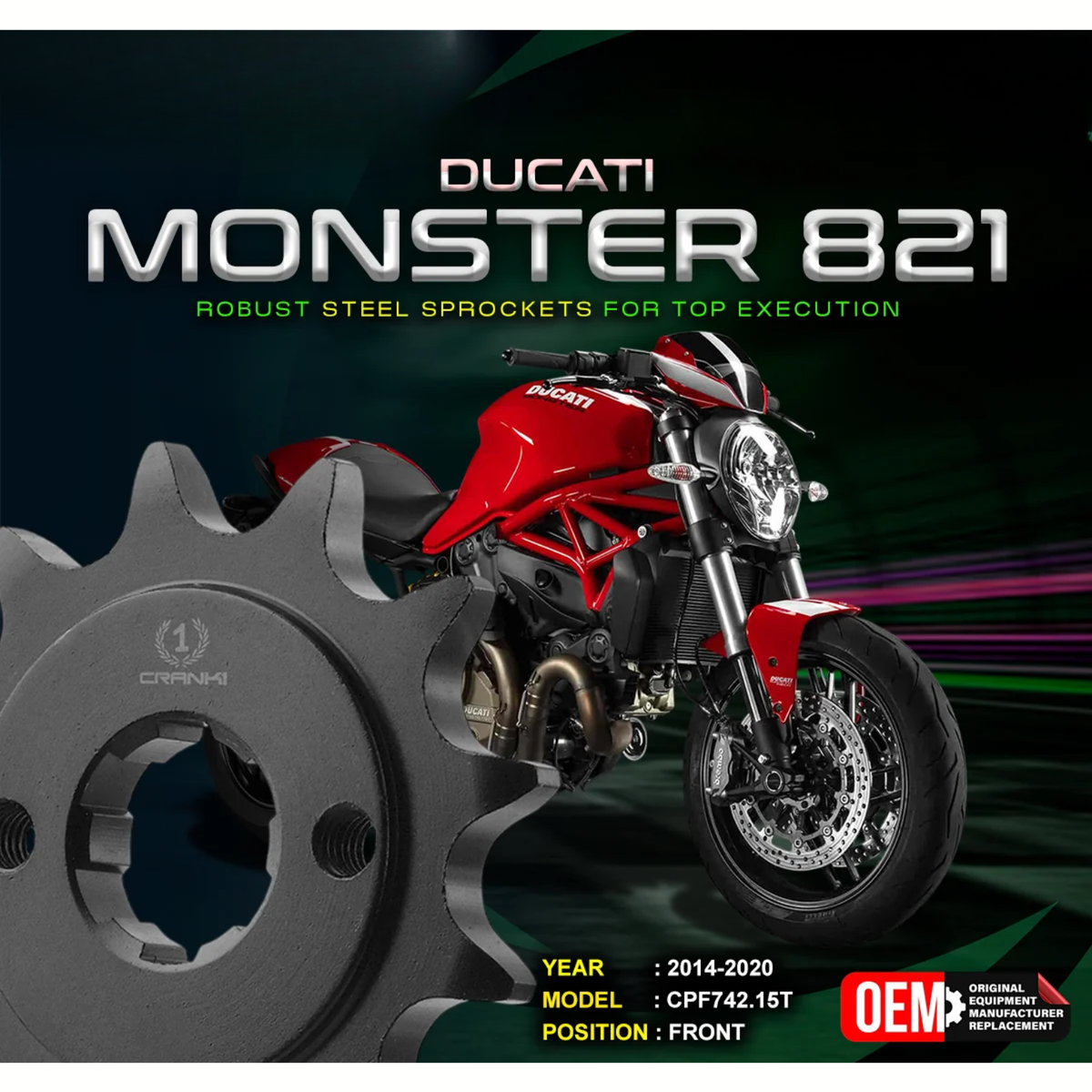 Crank1 Ducati Monster 821 (2014-2020) Performance Motorcycle Sprocket - Black - CPF742.15T
