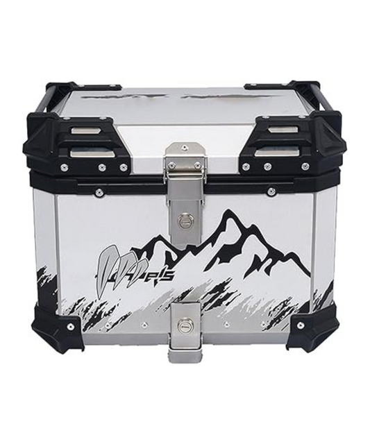 Moto Arch Aluminium Top Box 45L with Backrest  - Silver Mountains Graphics