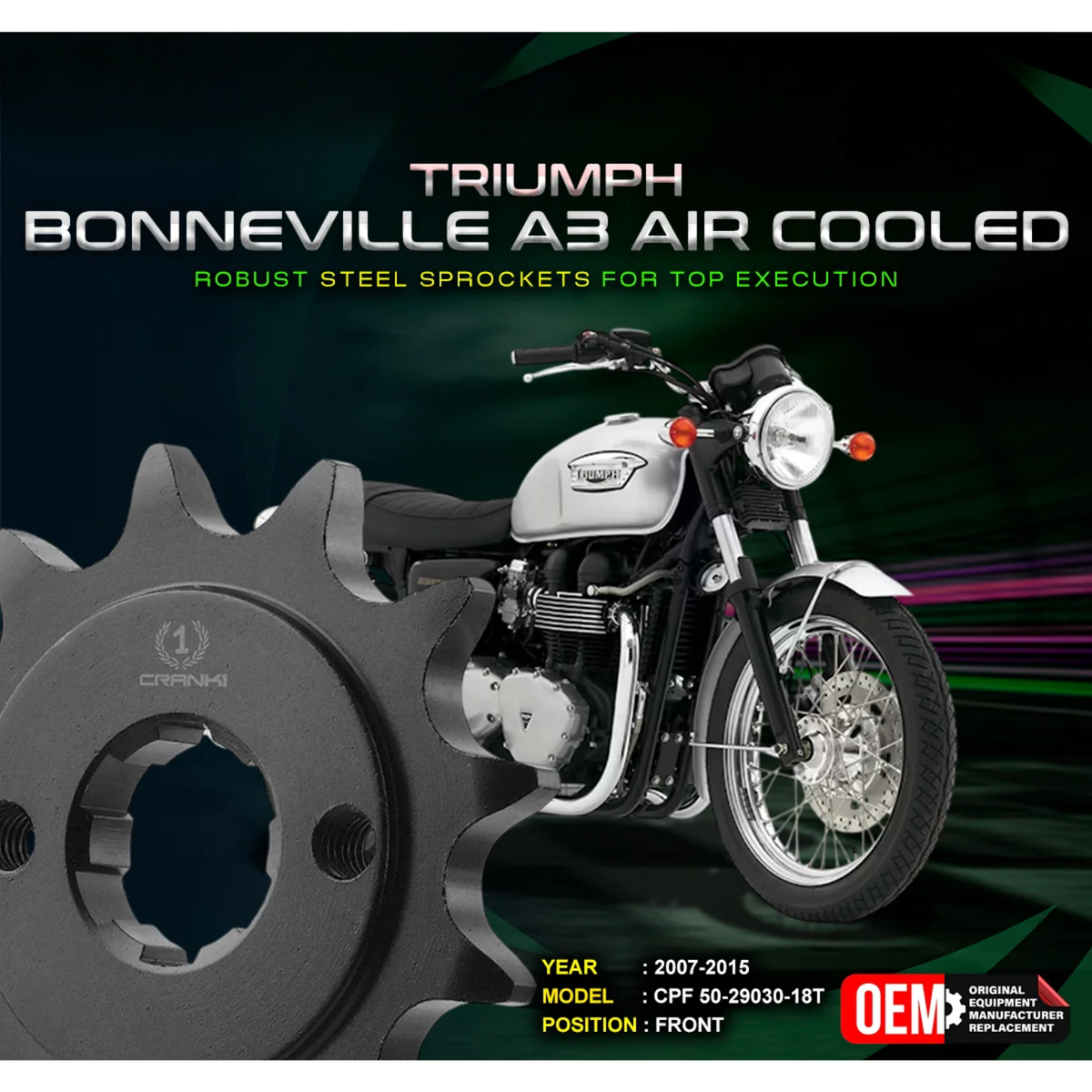 Crank1 Triumph Bonneville A3 Air Cooled (2007-2015) Performance Motorcycle Sprocket - Black - CPF50-29030-18T