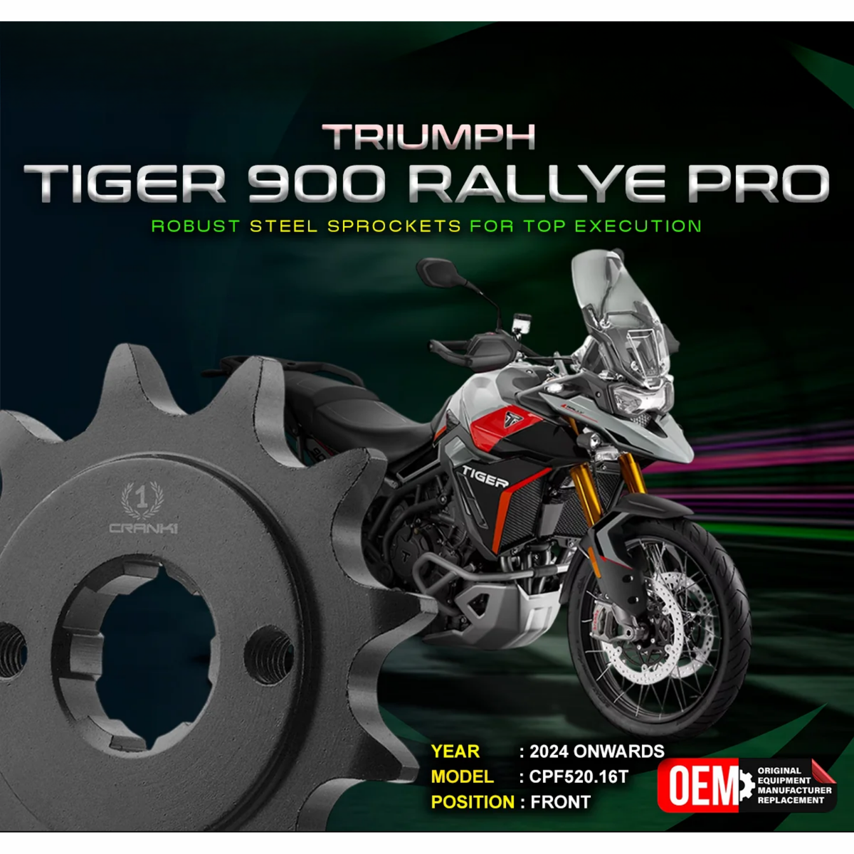 Crank1 Triumph Tiger 900 Rally Pro (2024 Onwards) Performance Motorcycle Sprocket - Black - CPF520.16T - Crank 1
