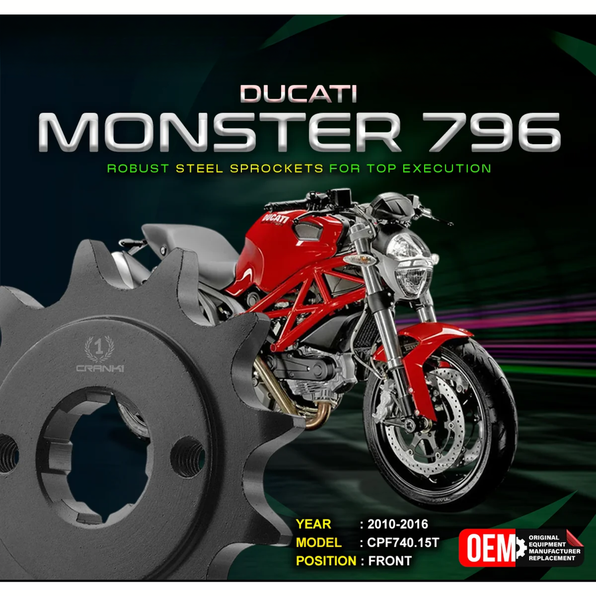 Crank1 Ducati Monster 796 (2010-2016) Performance Motorcycle Sprocket - Black - CPF740.15T - Crank 1