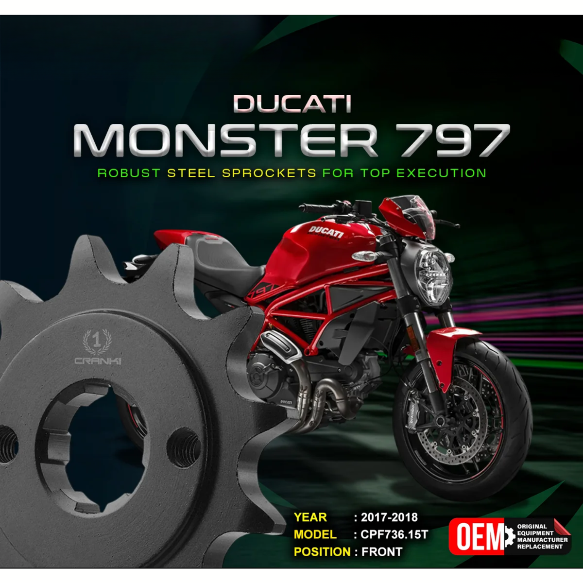 Crank1 Ducati Monster 797 (2017-2018) Performance Motorcycle Sprocket - Chrome - CPF736.15T - Crank 1