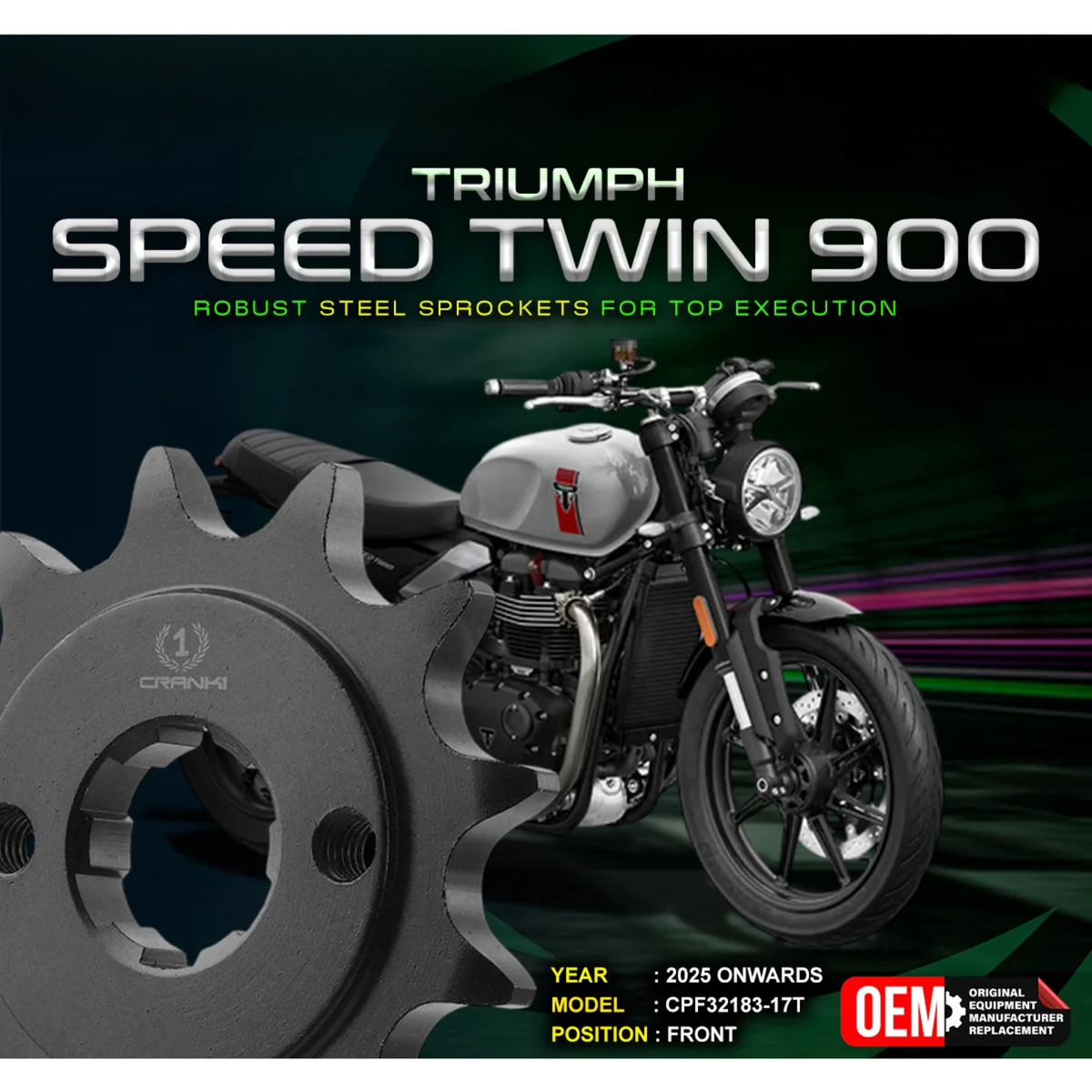 Crank1 Triumph Speed Twin 900 (2025 Onwards) Performance Motorcycle Sprocket - Black - CPF32183-17T