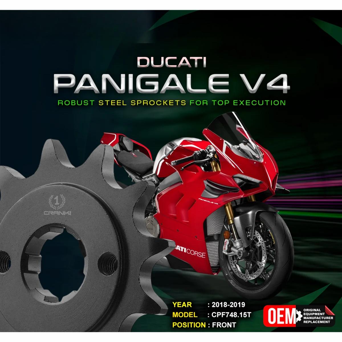 Crank1 Ducati Panigale V4 (2018-2019) Performance Motorcycle Sprocket - Black - CPF748.15T