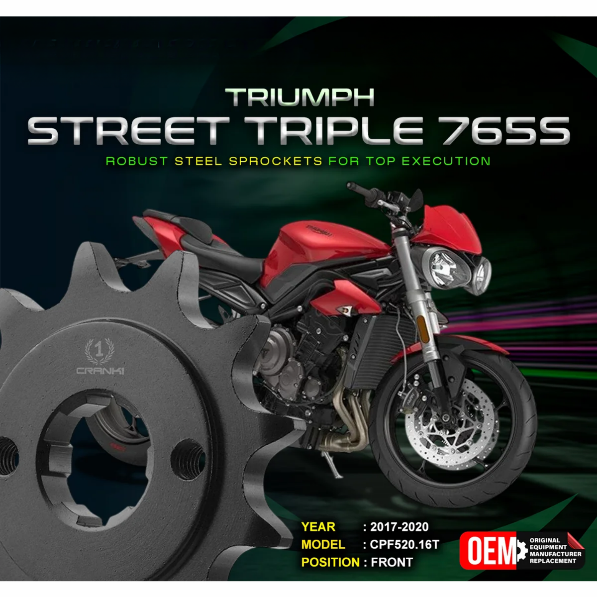 Crank1 Triumph Street Triple 765 S (2017-2020) Performance Motorcycle Sprocket - Chrome - CPF520.16T - Crank 1