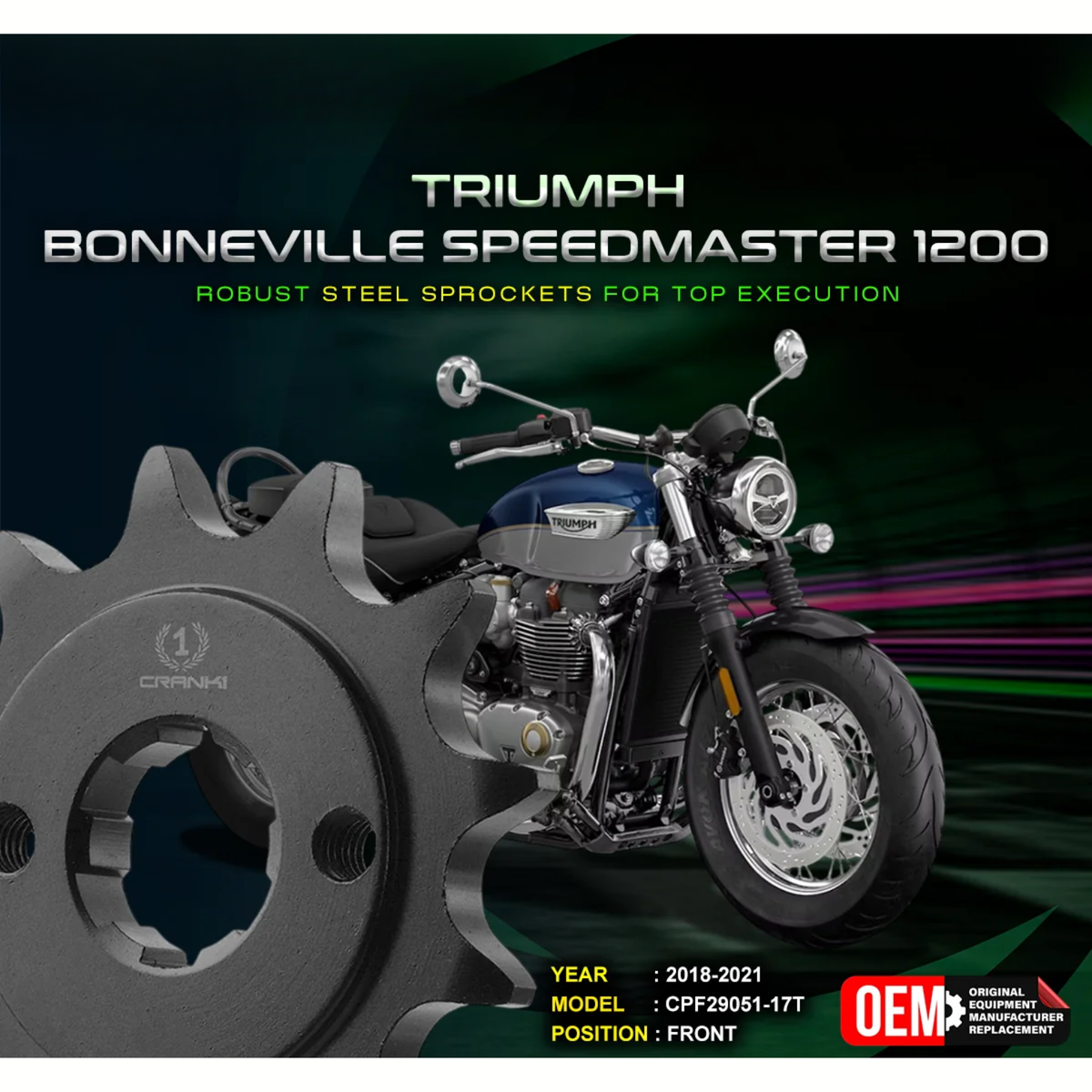 Crank1 Triumph Bonneville Speedmaster 1200 (2018-2021) Performance Motorcycle Sprocket - Black - CPF29051-17T
