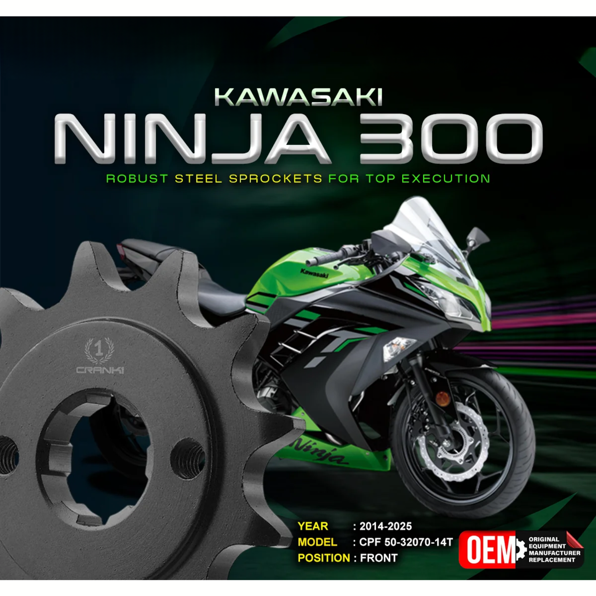Crank1 Kawasaki Ninja 300 (2014-2025) Performance Motorcycle Sprocket - Chrome - CPF50-32070-14T