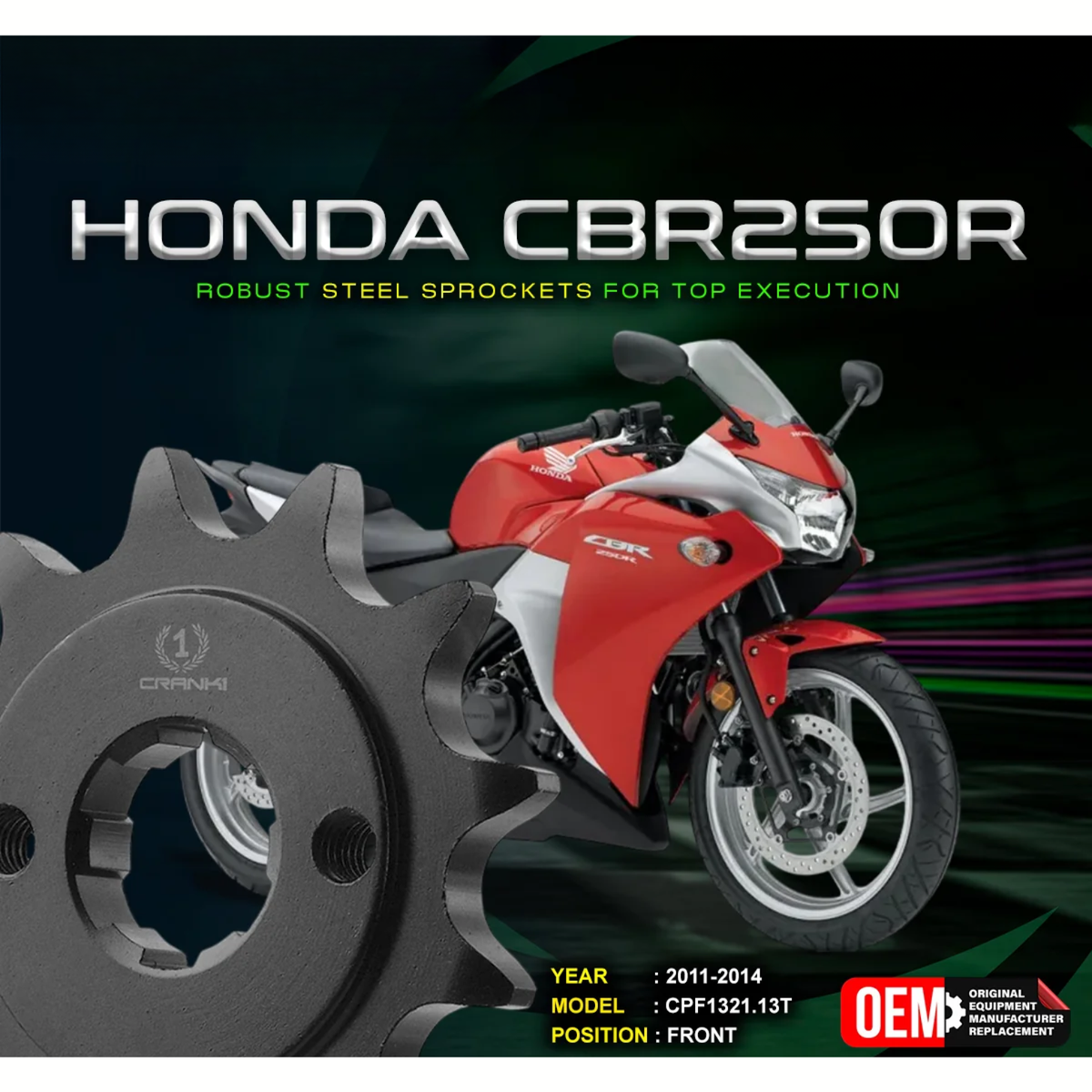 Crank1 Honda CBR250R (2011-2014) Performance Motorcycle Sprocket - Black - CPF1321.13T