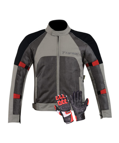 Tarmac Drifter II SAFE TECH Level 2 Riding Jacket + Free Tarmac Swift Red Gloves - Grey Black Red