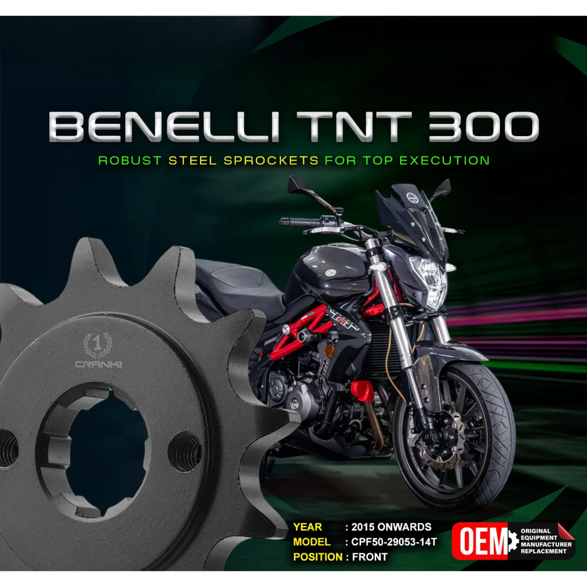 Crank1 Benelli TNT 300 (2015 Onwards) Performance Motorcycle Sprocket - Chrome - CPF50-29053-14T