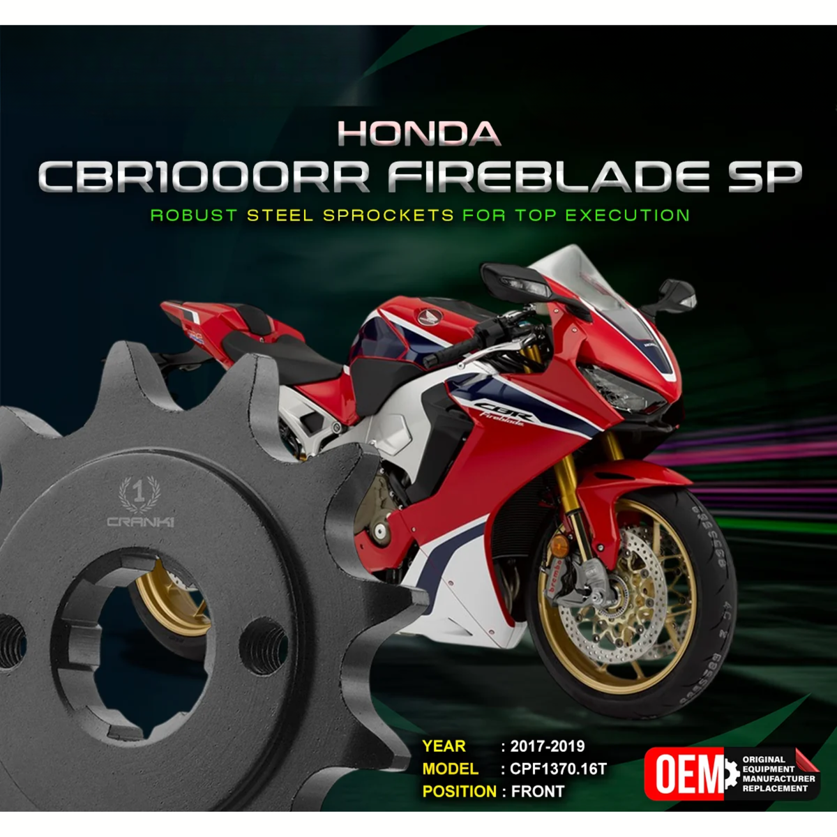 Crank1 Honda CBR 1000 RR Fireblade SP (2017-2019) Performance Motorcycle Sprocket - Black - CPF1370.16T