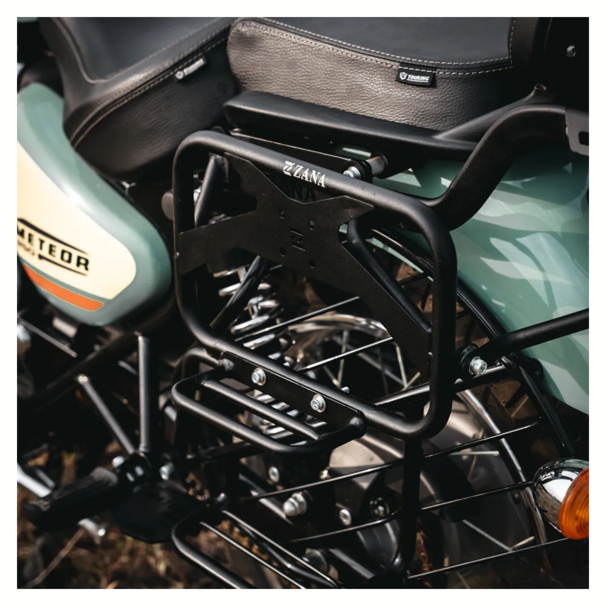 Zana Royal Enfield Meteor 350 V-2 Saddle Stay Mild Steel with Exhaust Shield and Jerry Can Mount - Texture Matt Black