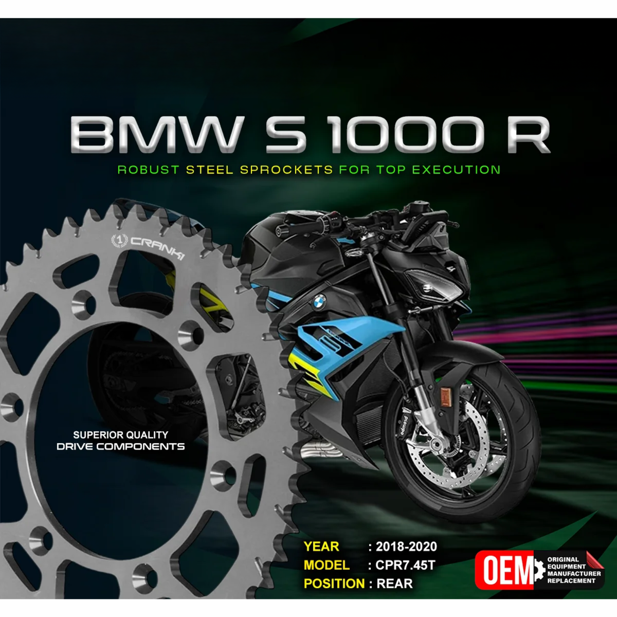 Crank1 BMW S 1000 R (2018-2020) Performance Motorcycle Sprocket - Chrome - CPR7.45T