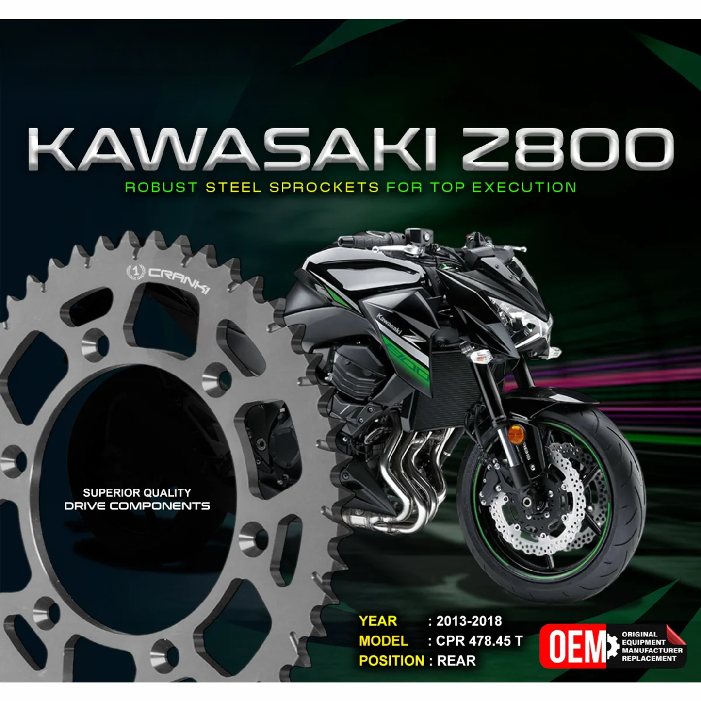 Crank1 Kawasaki Z800 (2013-2018) Pitch 525 Performance Motorcycle Sprocket - Chrome - CPR478.45T